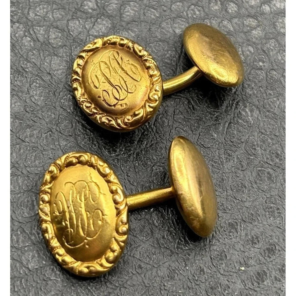 Vintage 14K Solid Yellow Gold Tone Victorian Cufflinks Ornate Etched Initials PA